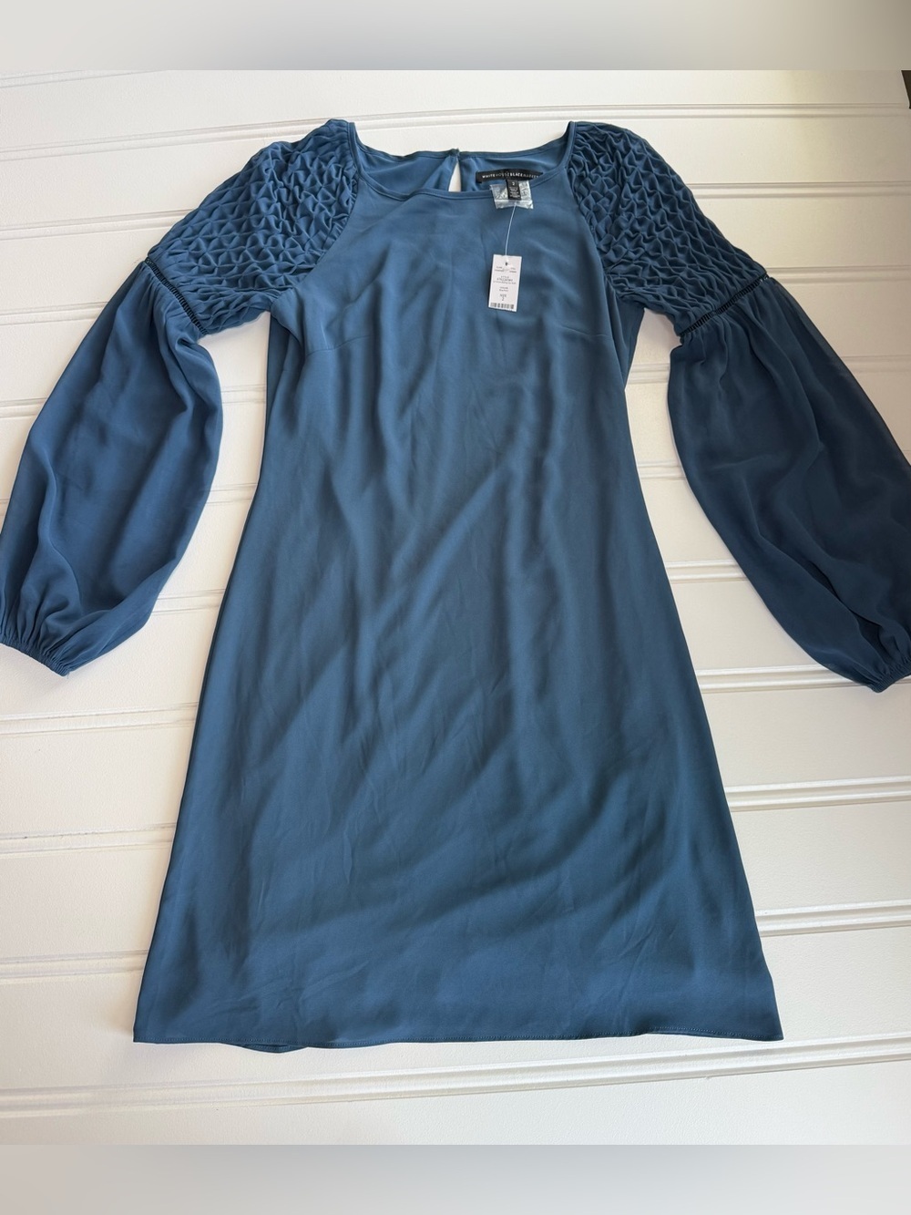 White House Black Market Blue Smocked Dress Long Bishop Sleeve 2 NEW